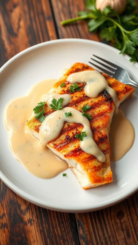 Pan-seared sea bass fillet with roasted garlic sauce and parsley on a white plate.